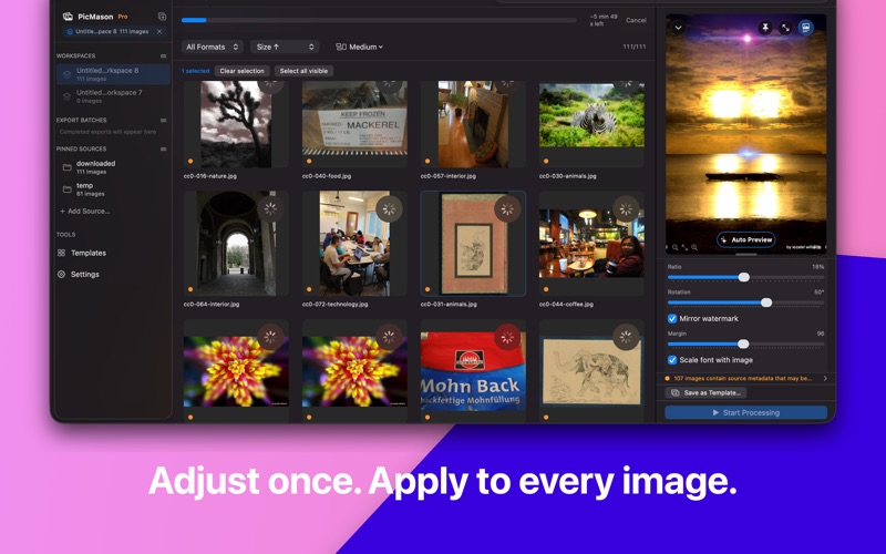Apply changes: Use the same size, quality, and watermark settings across a batch.