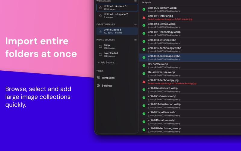 Export history: Find past batches and their output files.