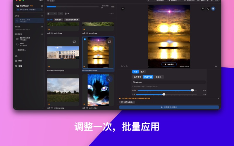 统一调整：尺寸、质量和水印设置可应用到整批图片。