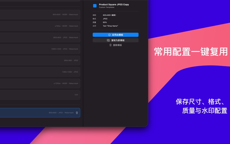 常用模板：保存经常使用的导出设置，下次直接复用。